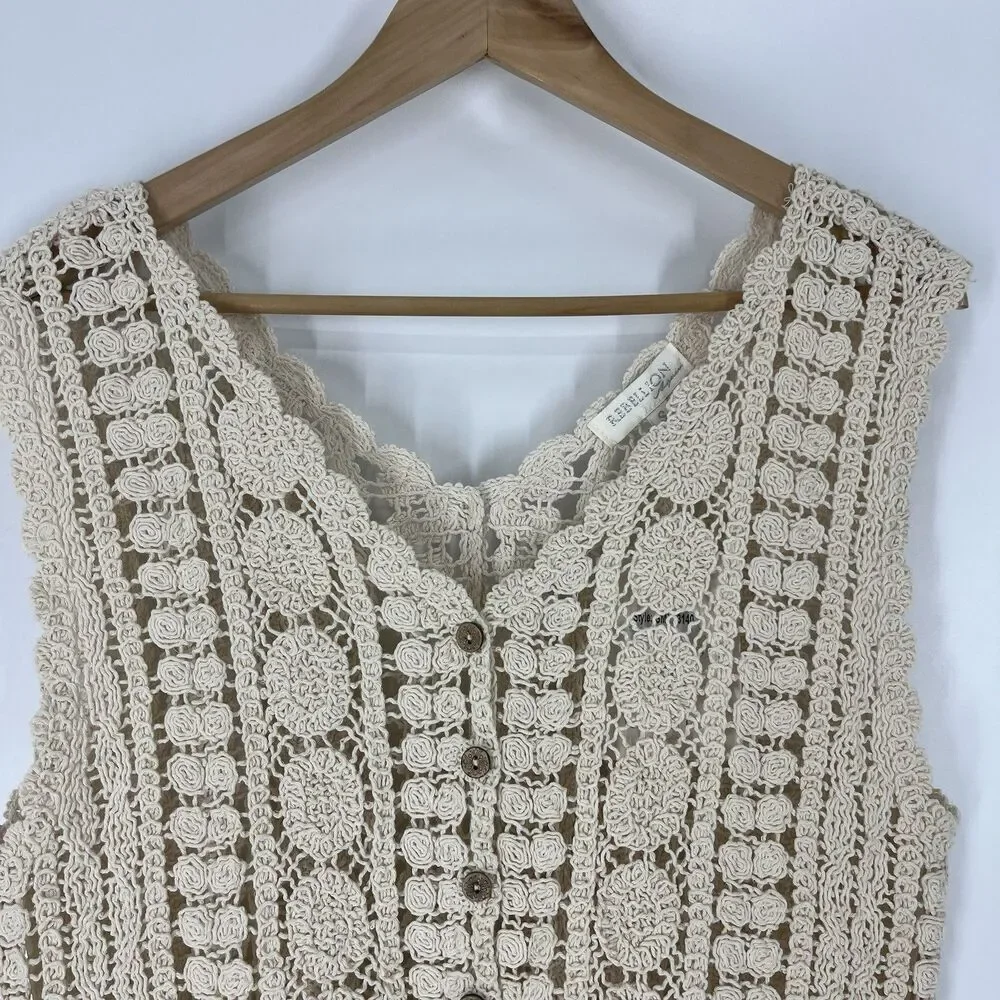 Rebellion Vest Size Small Ivory Crochet Fringe Boho Hippie Festival Cottagecore - Picture 2 of 9